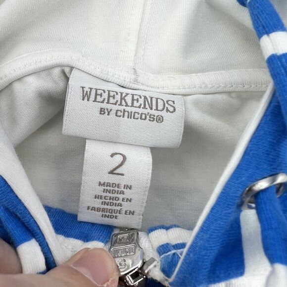 Chicos White Blue Full Zip Hooded Jacket Size Large Long Sleeve - Picture 3 of 5